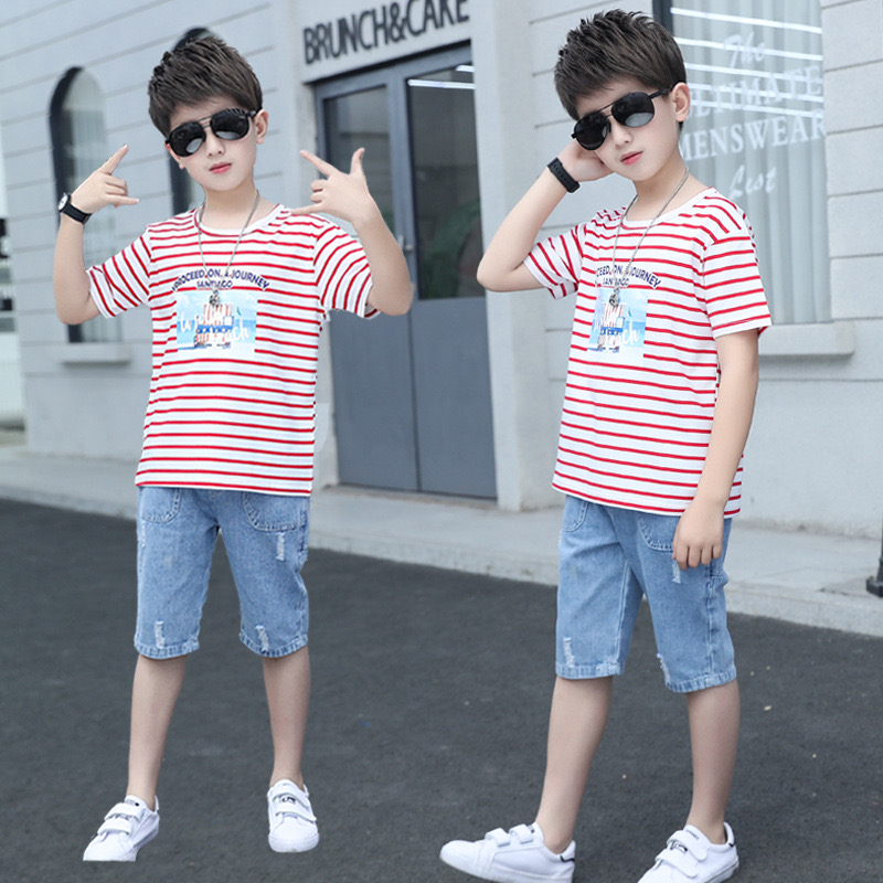 Children Short Sleeve Big Boy Outfits 2Pc Sets Cotton T-shirt Tops + Shorts Summer Casual Trendy Children's Clothes Set [S160]