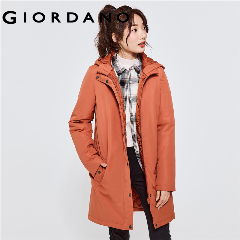 GIORDANO Women Jackets Solid Color Mid Long Windproof Hooded Jackets Zip Front Waterproof Padded Casual Puffer Jackets 13372830