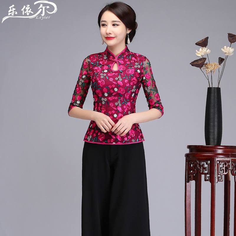 △◑☃ Spring and summer improved floral suit cheongsam top short Chinese mother's dress wedding embroidery large size