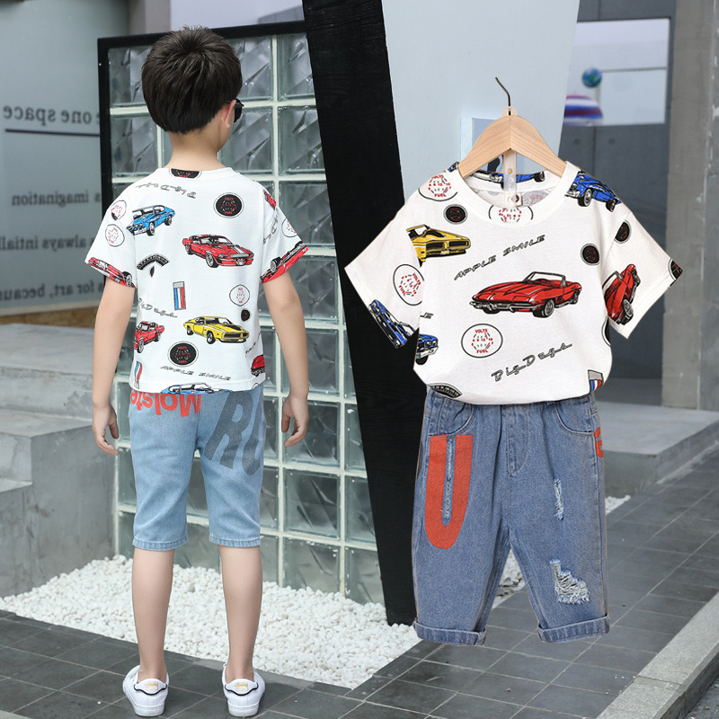 Children Short Sleeve Big Boy (5-14 years old) Outfits 2Pc Sets Cotton T-shirt Tops + Shorts Summer Casual Trendy Children's Clothes Set [S158]