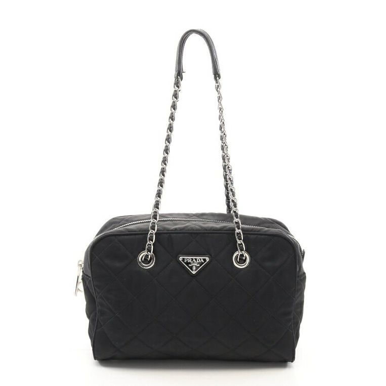 Prada Tessuto Impuntu Chain Shoulder Bag Nylon Saffiano Leather Black 1BB903