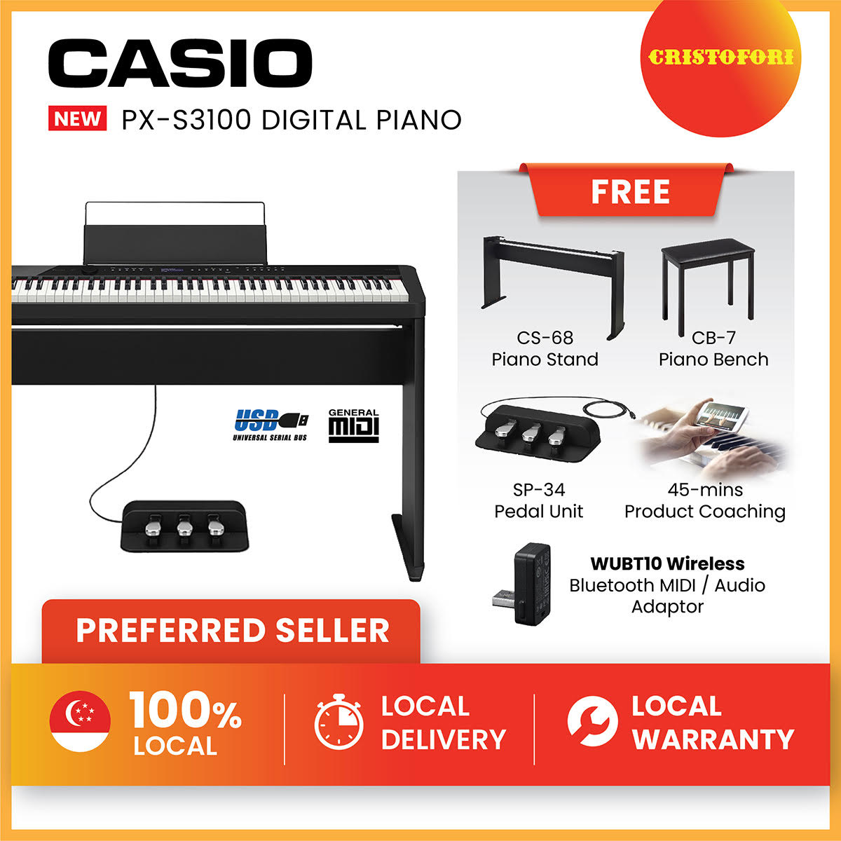CASIO Privia PX-S3100 Digital Piano New 2021 Model 88 keys Digital Electronic (PXS3100)