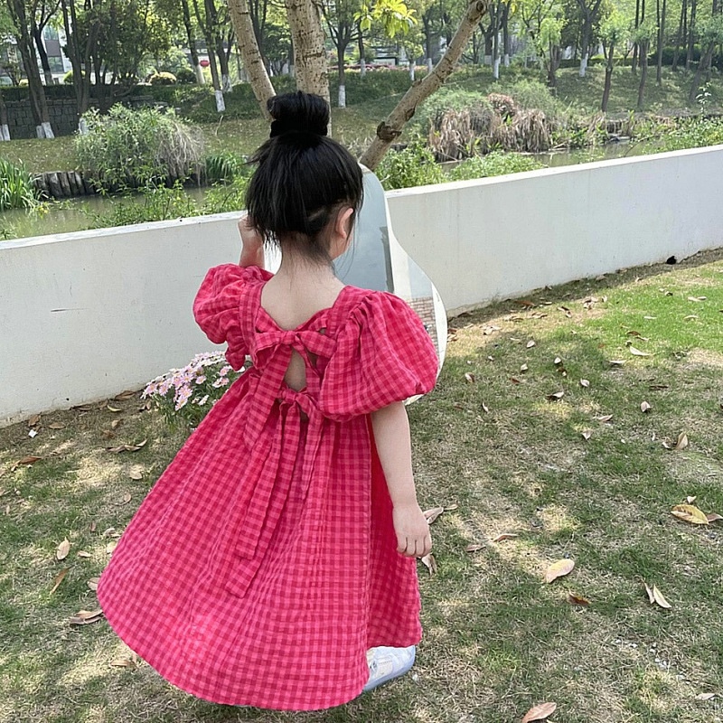 ■❖ girls skirt plaid lace-up dress princess dress summer children's clothing